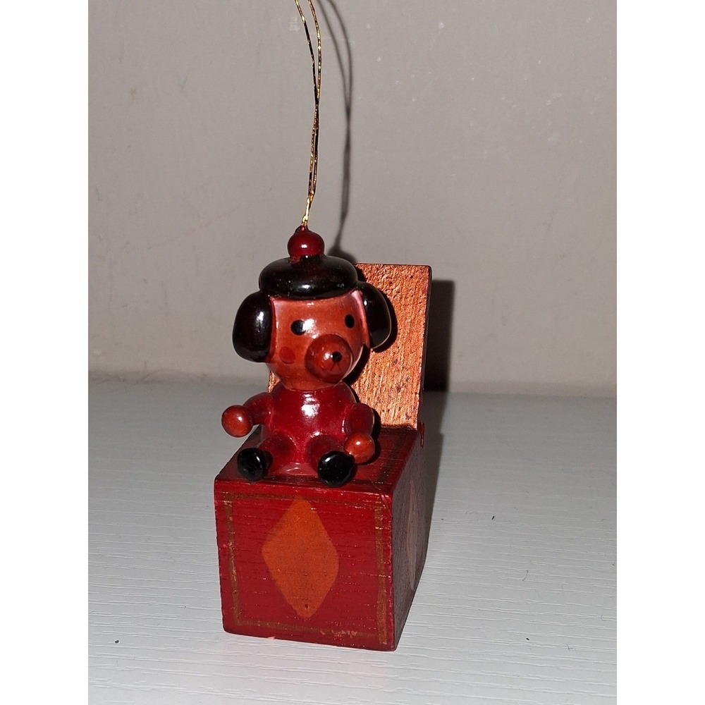 Vintage Wood Dog Jack in the Box Christmas Ornament 2.75" Hand Painted